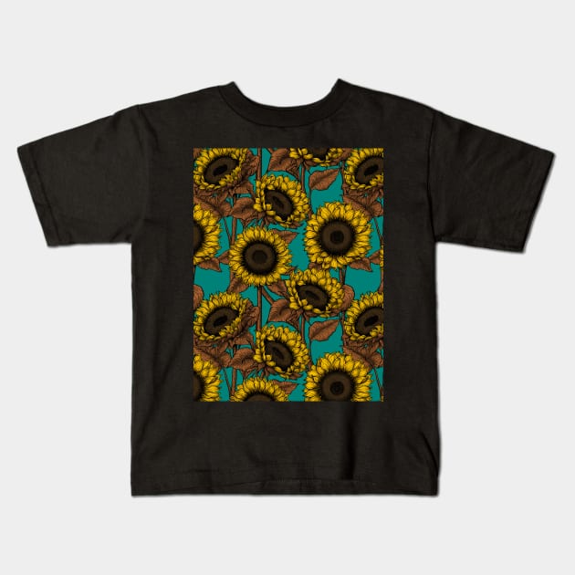 Sunflowers on turquoise Kids T-Shirt by katerinamk